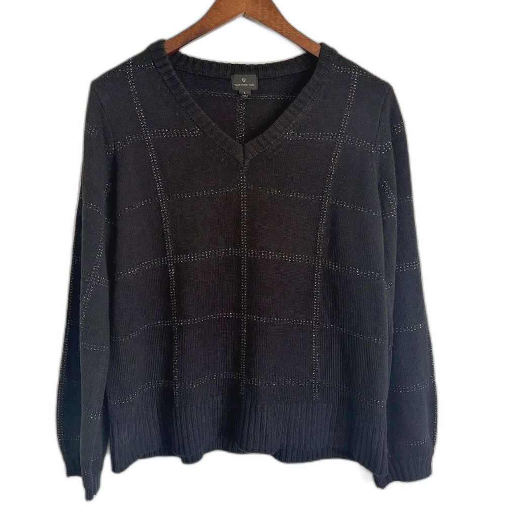 Worthington Black Knit V-Neck Plaid Black and Silver Sweater Size Large